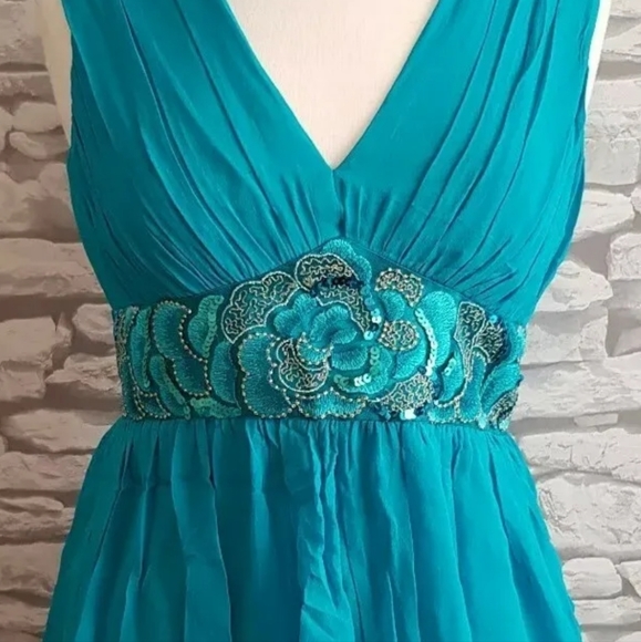 NEW MONSOON 100% Silk turquoise blue Puffball Dress Balloon Hem embellished 10uk - Picture 13 of 14